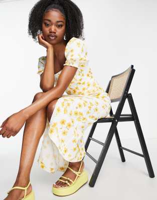 puff sleeve square neck midi dress in buttercup floral-Yellow