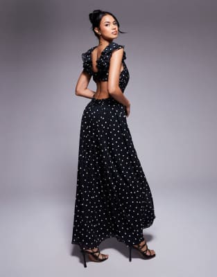 rosette maxi dress in polka dot-Black