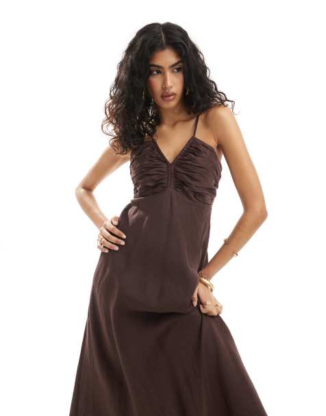 Ever New ruched bust detail midi dress in brown - view 1