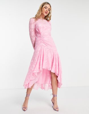 Forever New ruched high low midi dress with gathered waist in pink - ASOS Price Checker