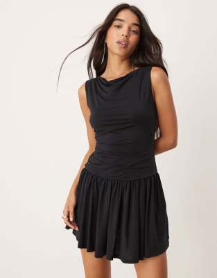 ruched jersey mini dress in black