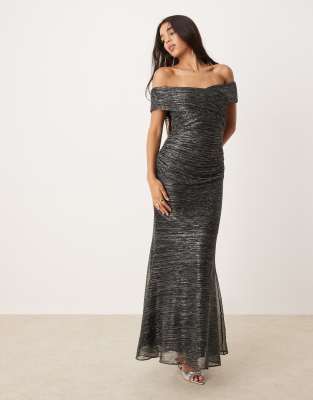 ruched metallic plisse midaxi dress in charcoal-Gray