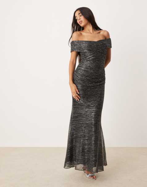 Ever New ruched metallic plisse midaxi dress in charcoal - view 1
