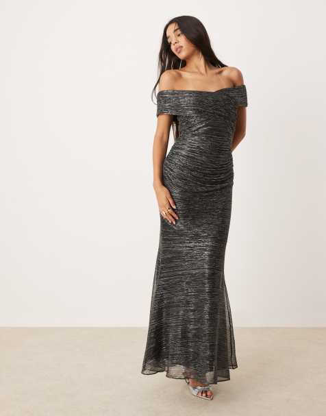 Ever New ruched metallic plisse midaxi dress in charcoal