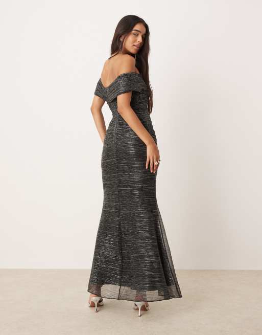 Ever New ruched metallic plisse midaxi dress in charcoal | ASOS