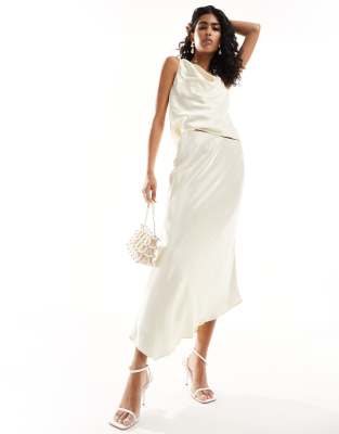 ruched satin midi skirt in butter bean ivory -set-White