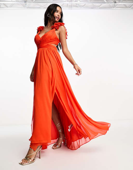 Burnt Orange Chiffon Frill Corset Maxi Dress