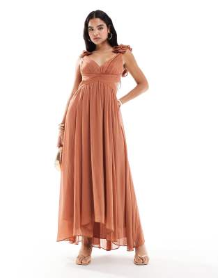 ruffle shoulder maxi dress in rose brown