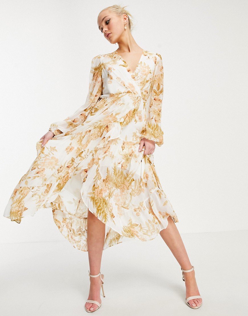 Ever New ruffle wrap midi dress in ivory and gold floral-Multi