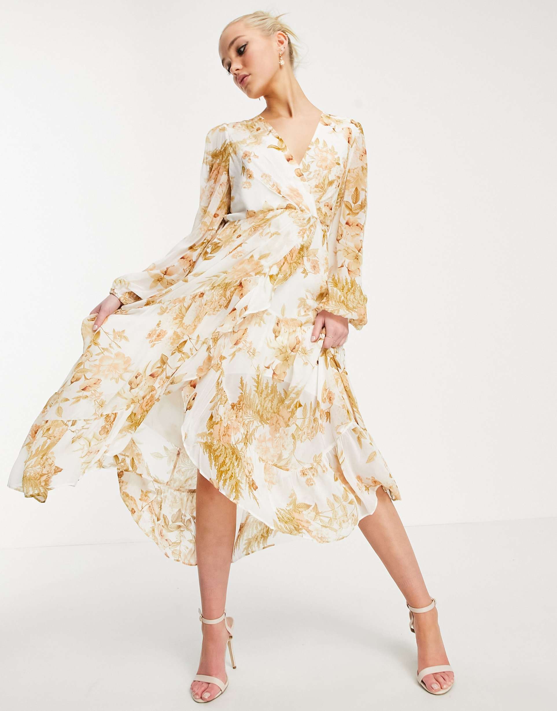 ever new ruffle wrap midi dress in ivory and gold floral