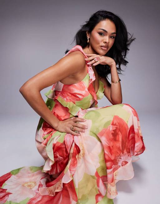 Ever New Ruffles Maxi Dress in Red and Lime Floral-Green