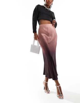 satin bias cut maxi skirt in oxblood ombre-Red