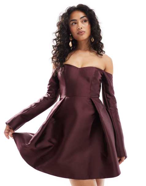 Ever New satin long sleeve mini dress in oxblood