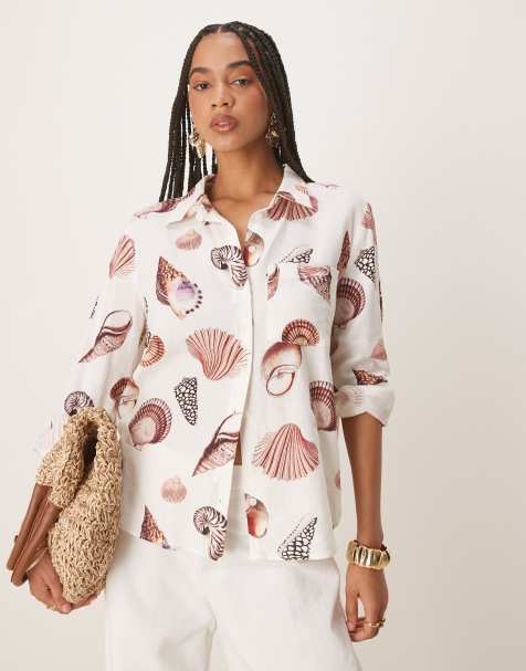 Ever New seashell print shirt co-ord in neutral