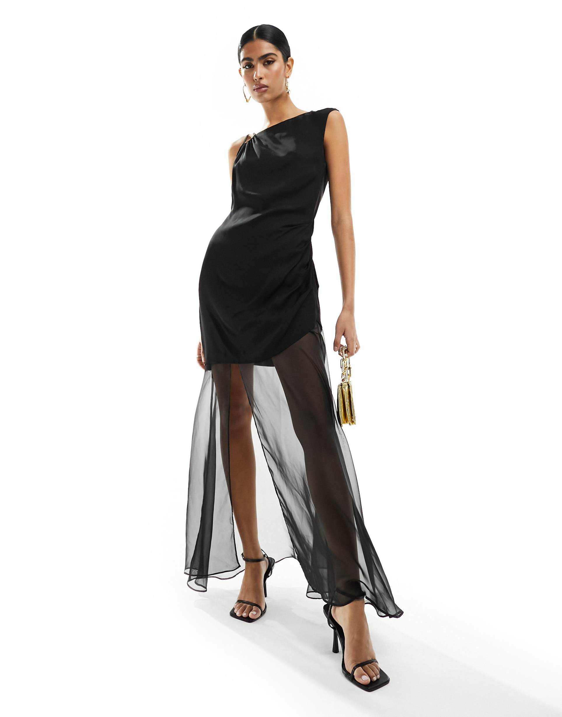 ever new sheer contrast maxi dress in black