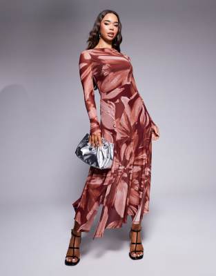 sheer dress in rust floral-Red