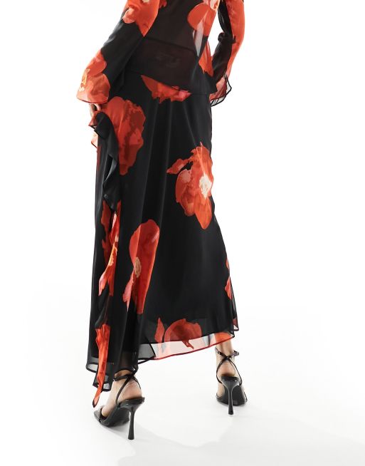 Ever New sheer ruffle maxi skirt in dark floral - part of a set