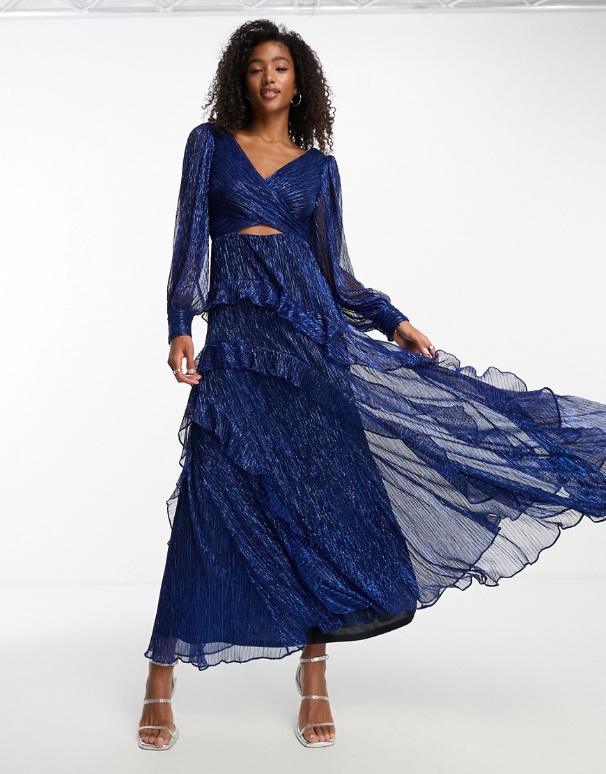 Ever New Sheer Sleeve Cut-out Plisse Maxi Dress In Metallic Cobalt-blue