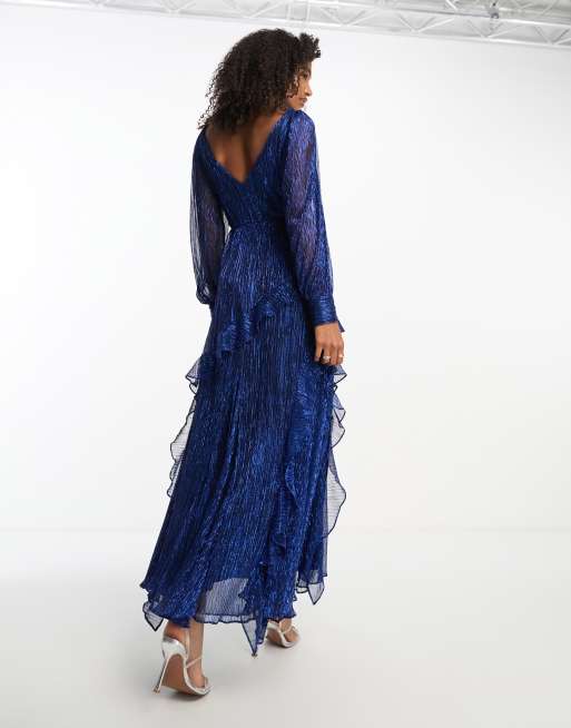 knee length dresses for ladies Black Metallic Long Sleeve Pleated Maxi Dress