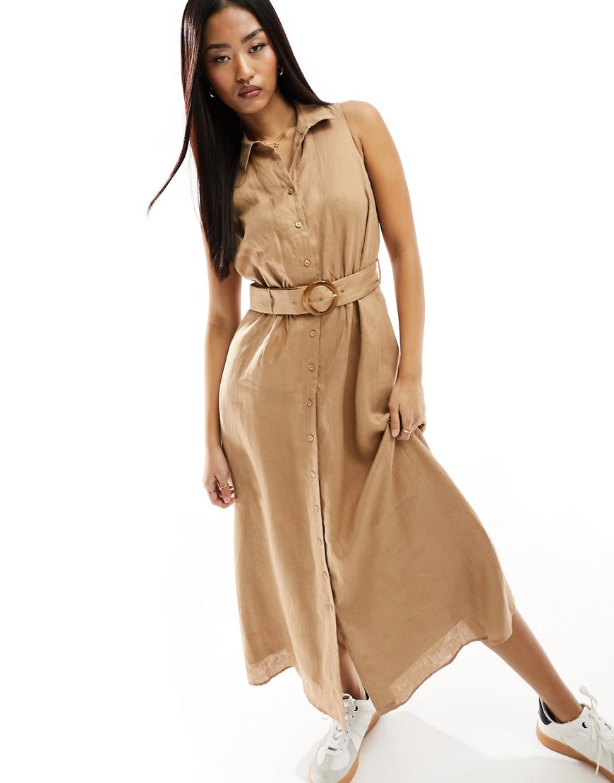 Ever New Sleeveless Belted Linen Shirt Dress In Brown