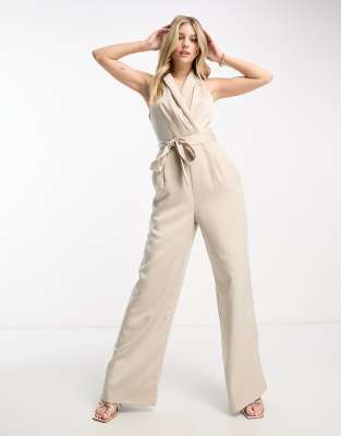 sleeveless jumpsuit with belt in stone-Gray