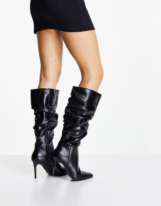 Black leather slouch boots with outlet heel