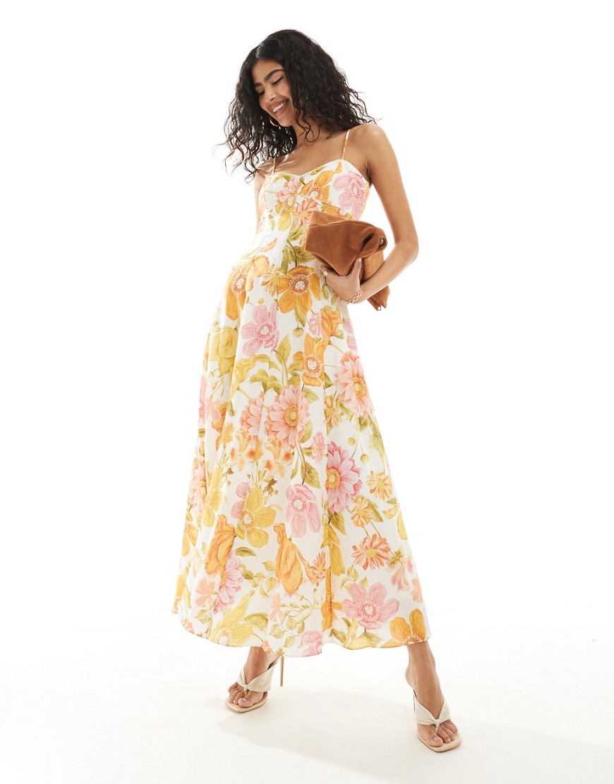 strappy midaxi dress in yellow and pink floral-Multi