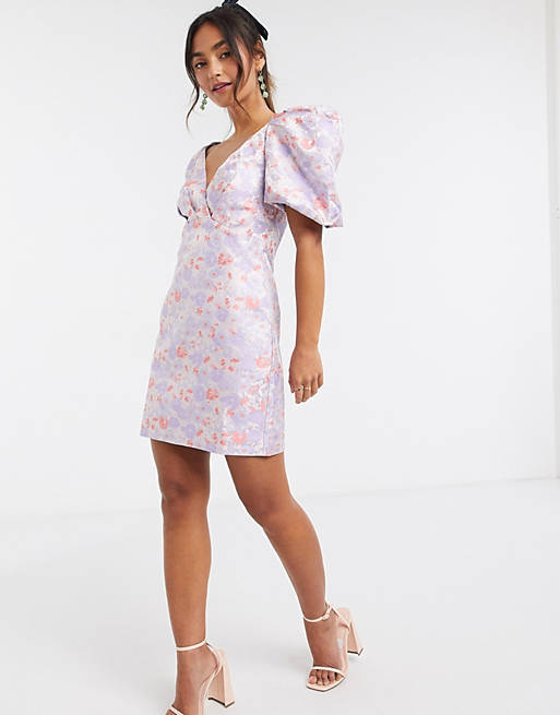 Ever New structured jacquard mini dress with puff sleeve in soft floral