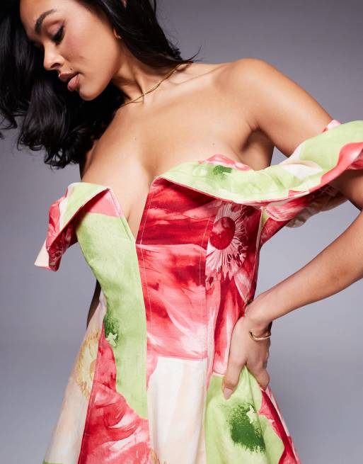 Ever New structured shoulder mini dress in red oversized floral, 3 of 4