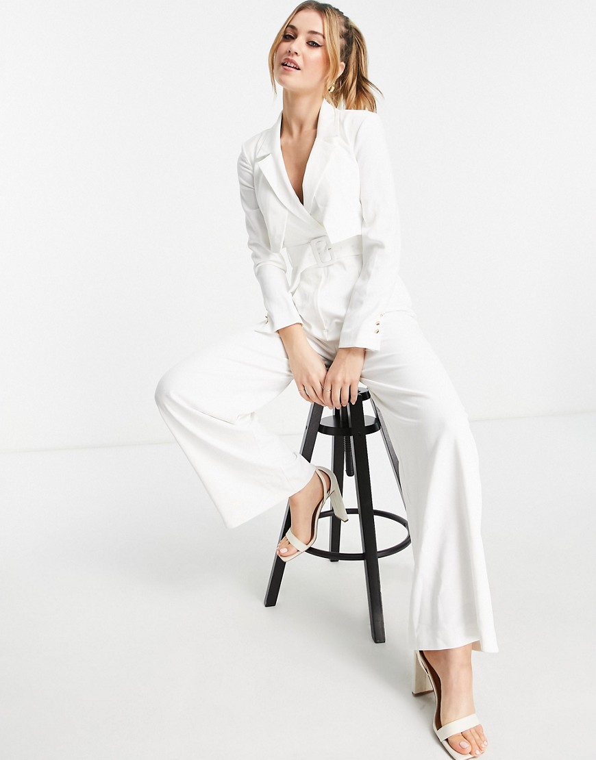Ever New tailored cropped blazer jumpsuit in cream-White