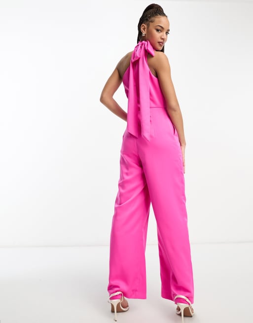 Ever New tie neck jumpsuit in pink satin