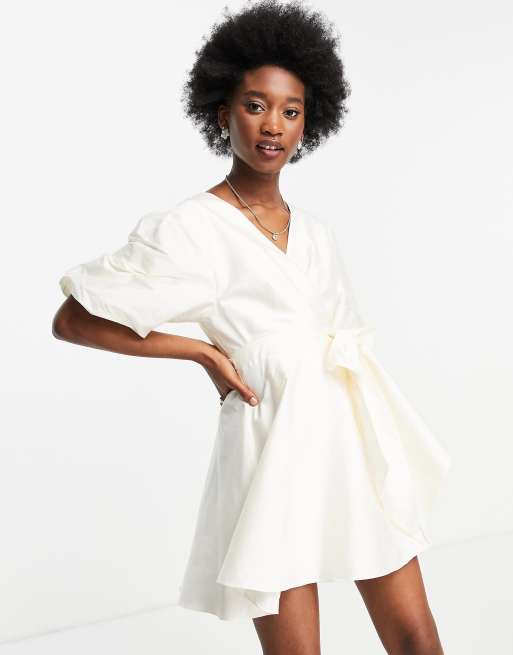 Ever New tie waist cotton poplin mini dress with oversized sleeve in white