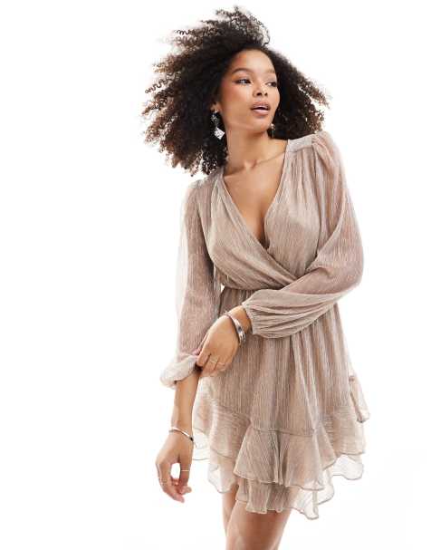 Ever New tie waist metallic plisse mini dress in champagne - view 1