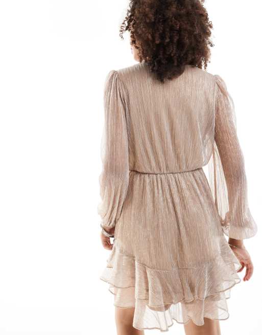 Ever New Tie Waist Metallic Plisse Mini Dress in Champagne-Pink