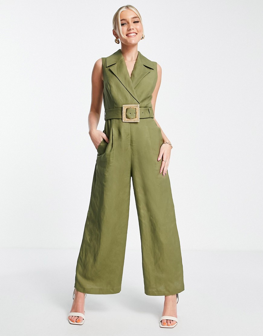 Ever New tie waist wide leg jumpsuit in olive-Green | Smart Closet