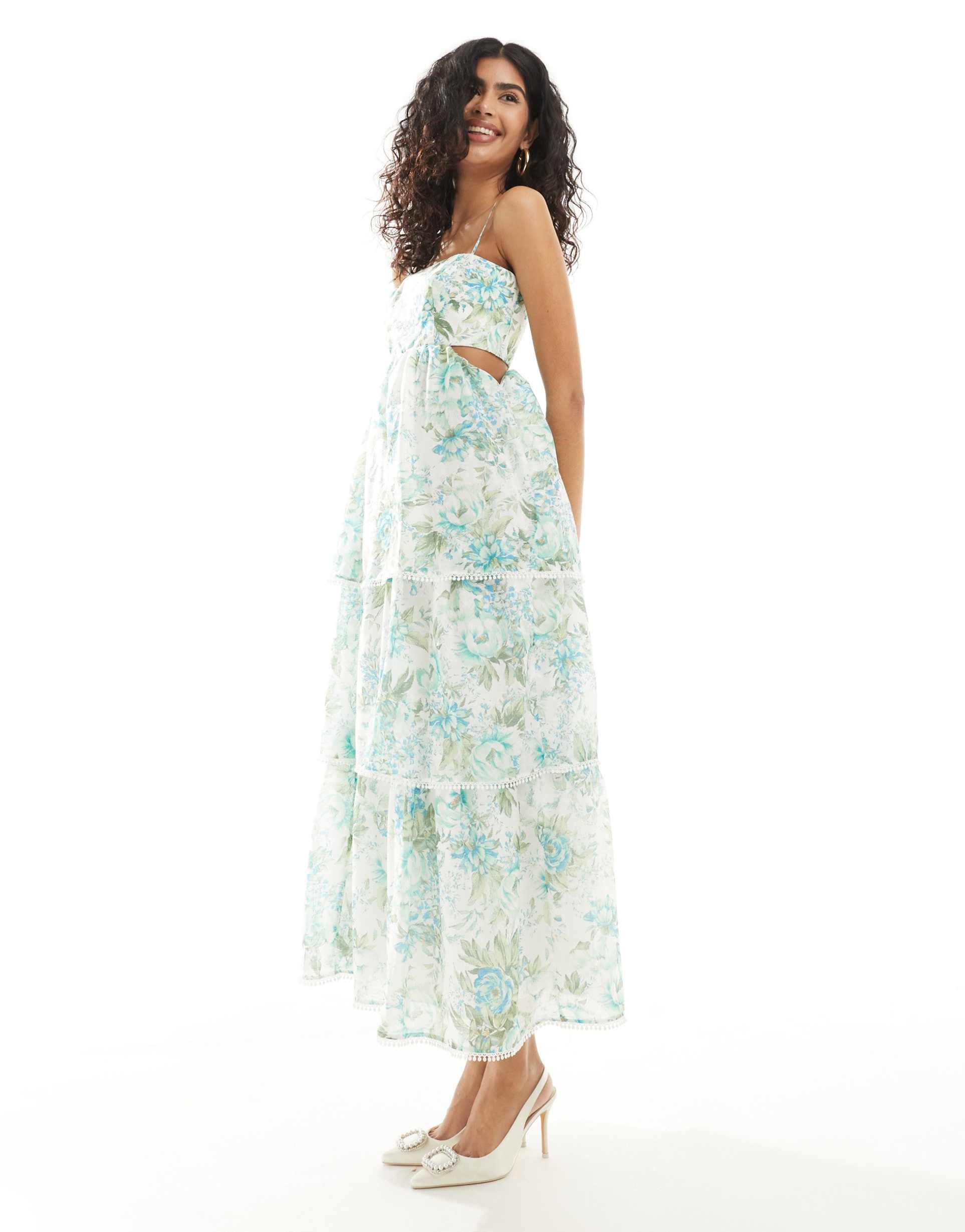 ever new tiered midaxi dress in green and blue floral