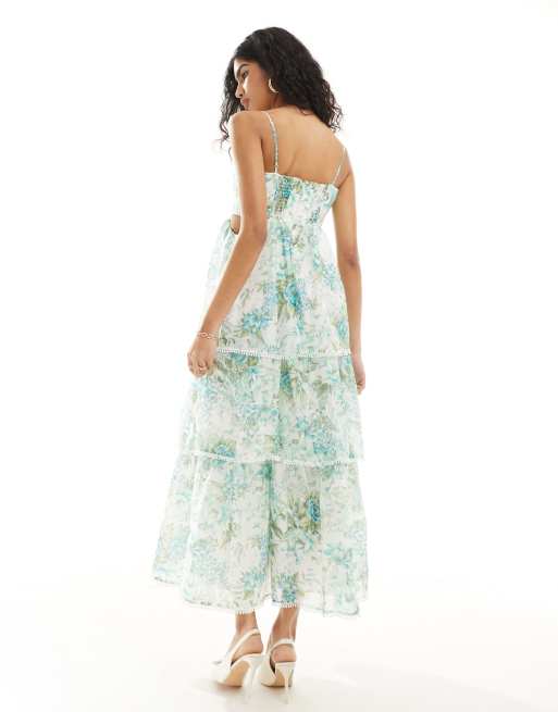 Ever New tiered midaxi dress in green and blue floral | ASOS