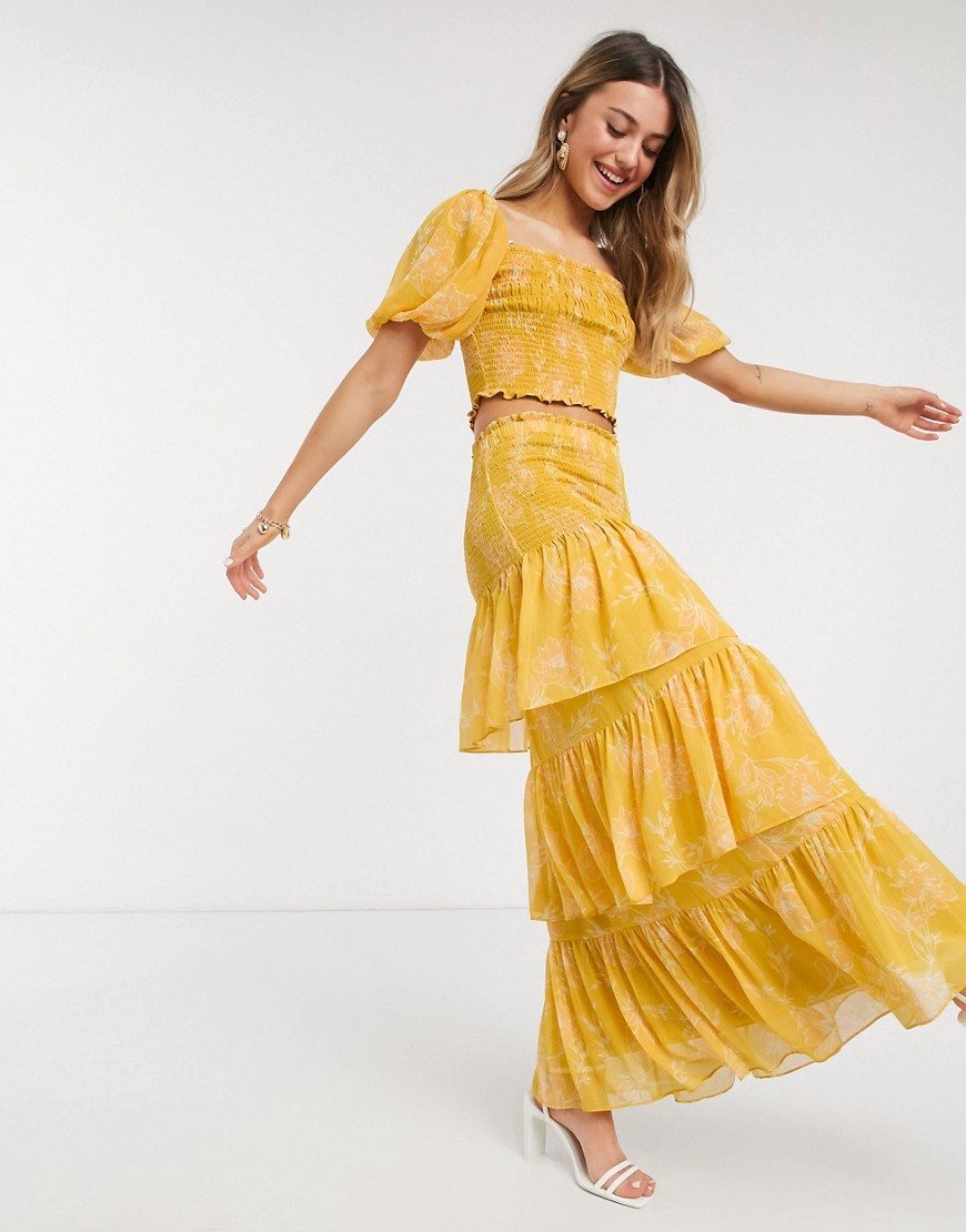 Ever New Tiered Ruffle Maxi Skirt Two-piece In Mustard Floral-yellow