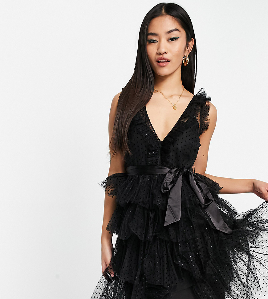 tiered tulle mini dress in black