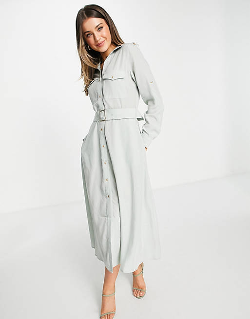 Ever New utility shirt midi dress with pockets and tie waist in