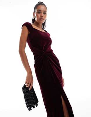 velvet boned corset midaxi dress in oxblood-Red