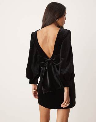 velvet bow back mini dress in black