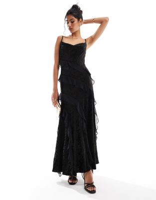 velvet ruffle maxi dress in black