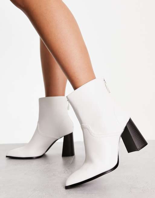 Black Toe White Ankle Boots, Block High Heel Shoes