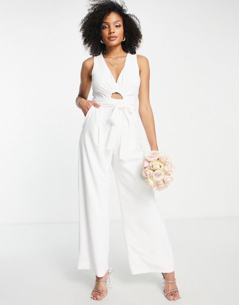 ASOS DESIGN pleat front satin jumpsuit with chain strap in sand