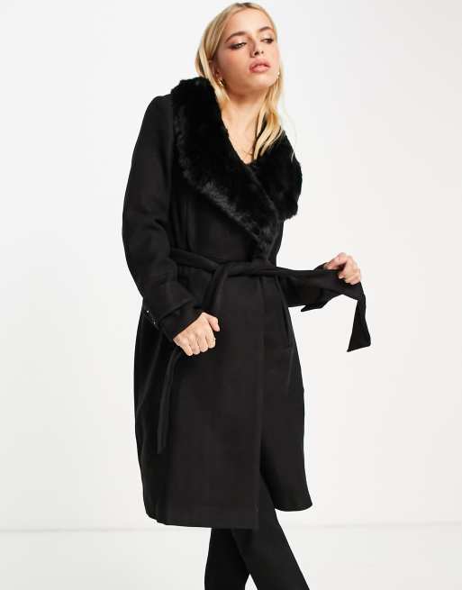 Women's black coat 2025 with faux fur collar