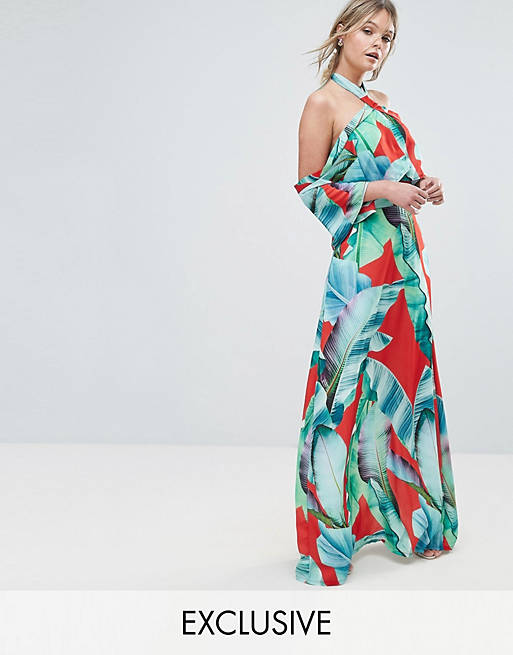 Every Cloud Palm Print Halterneck Maxi With Ruffle