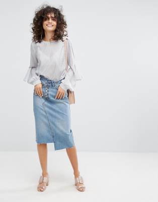 free people cotton asymmetrical denim midi skirt