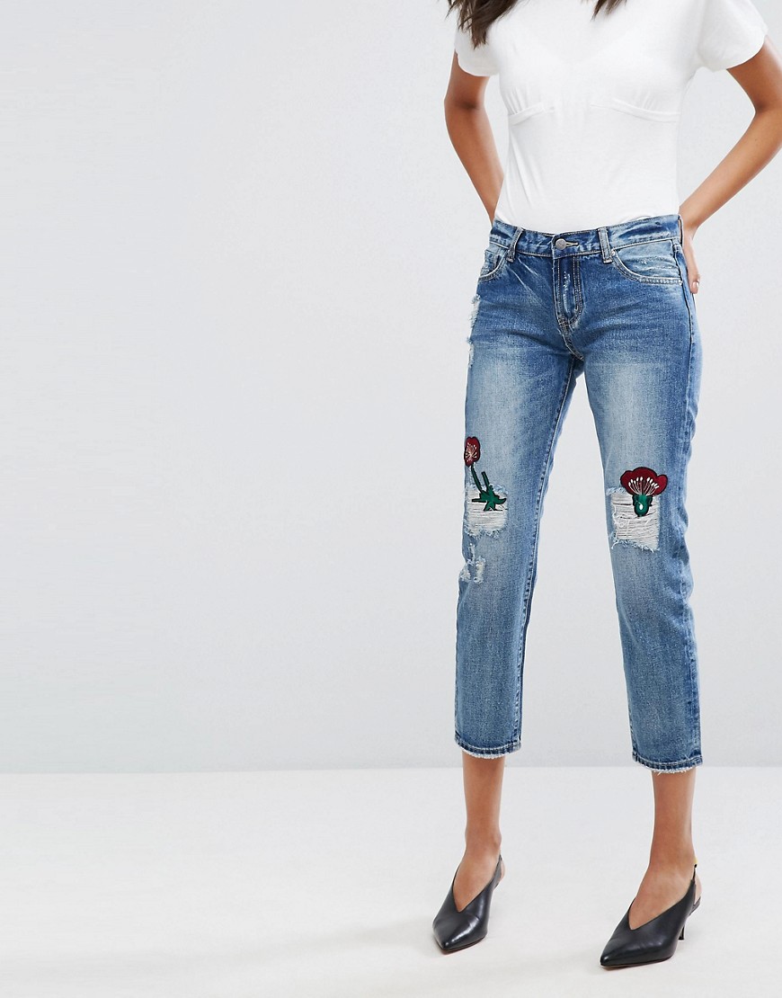 EVIDNT - Jeans met smalle pijpen en bloemenpatch-Blauw