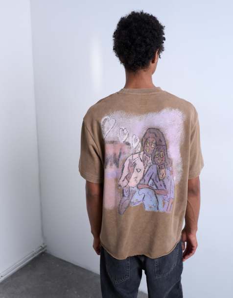 EXCLUSIVE Topman x Mason Newman boxy fit T-shirt with heart front and back print in washed brown - view 1